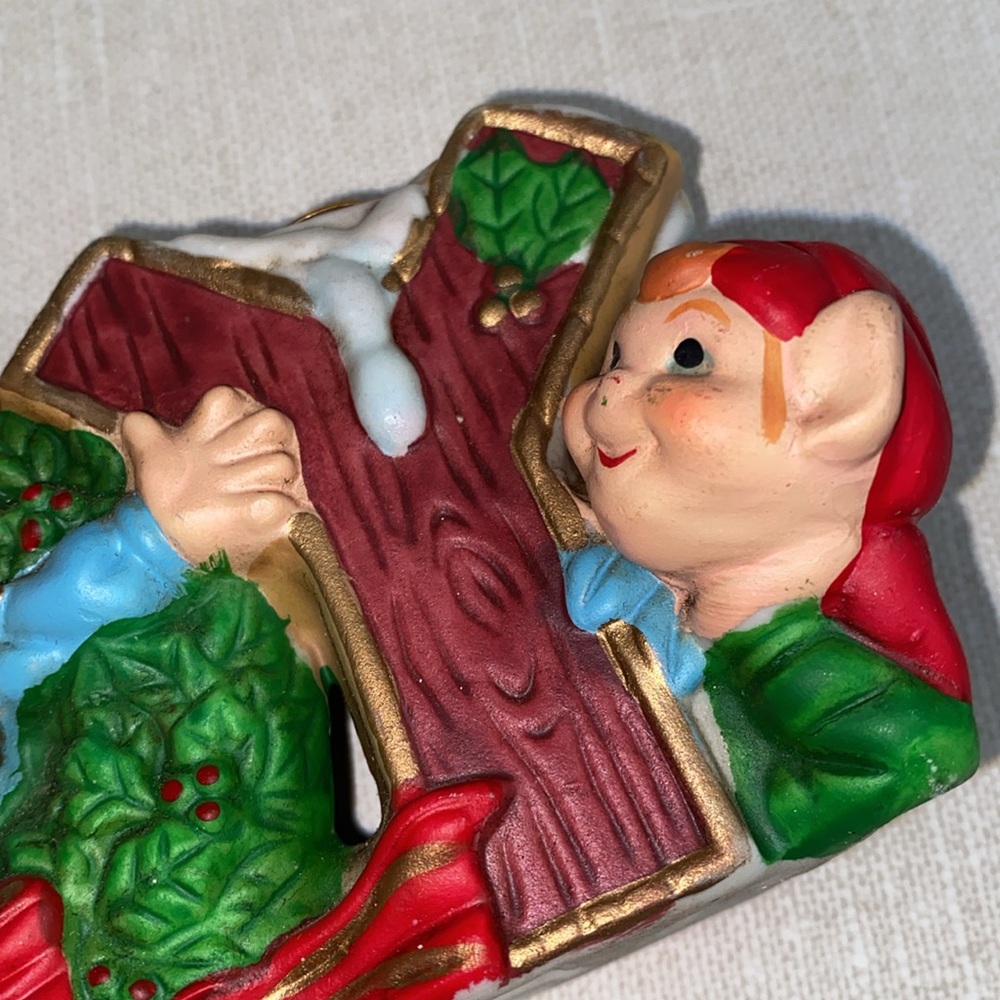 Robel Hall JOY Pixie Elf Trio Christmas Candle Holder Hand Painted 7" Vintage - Picture 9 of 11